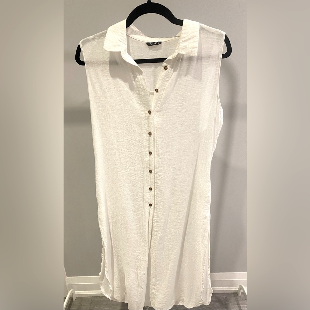 Splash Sleeveless Button Down Long Beach Wear Shirt, Size 14